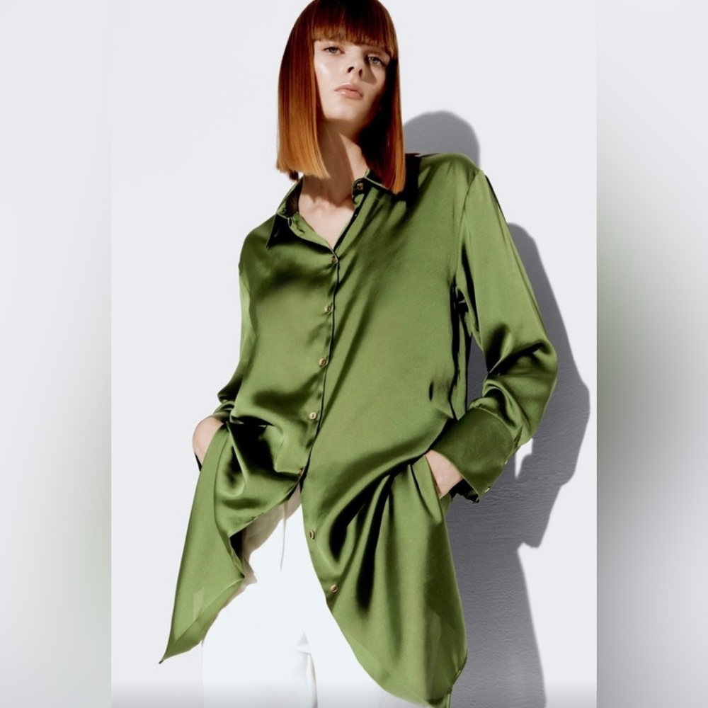 Zara women’s green long button down - Picture 2 of 8
